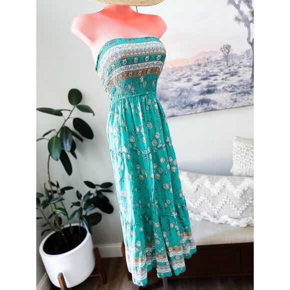 Barefoot Beneath the Palms strapless Smocked flowing boho floral maxi dress M - Picture 3 of 6